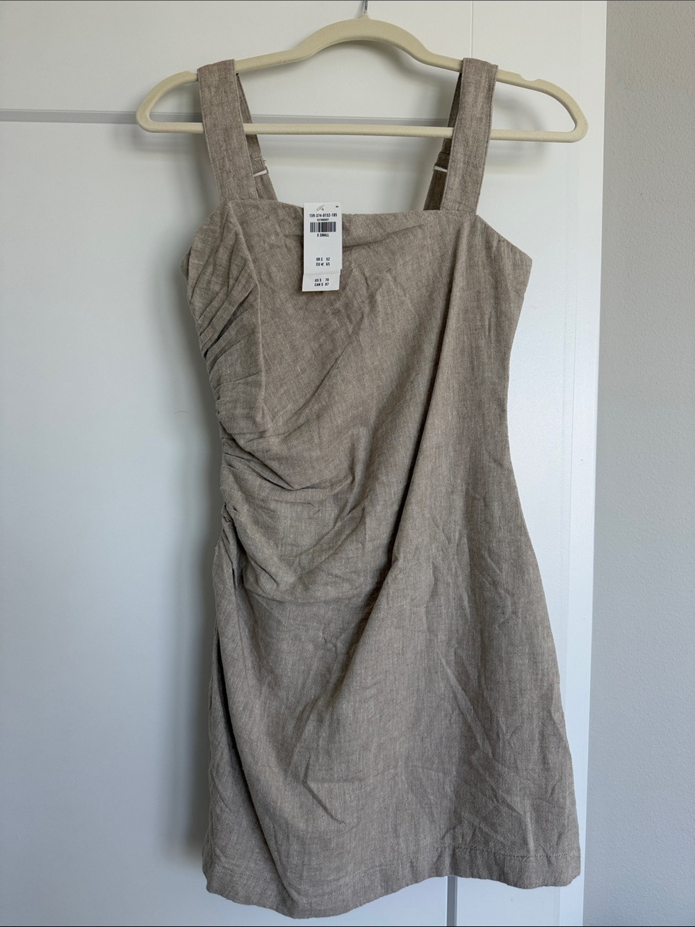 Abercrombie & Fitch Linen-Blend Beige Ruched Midi Dress